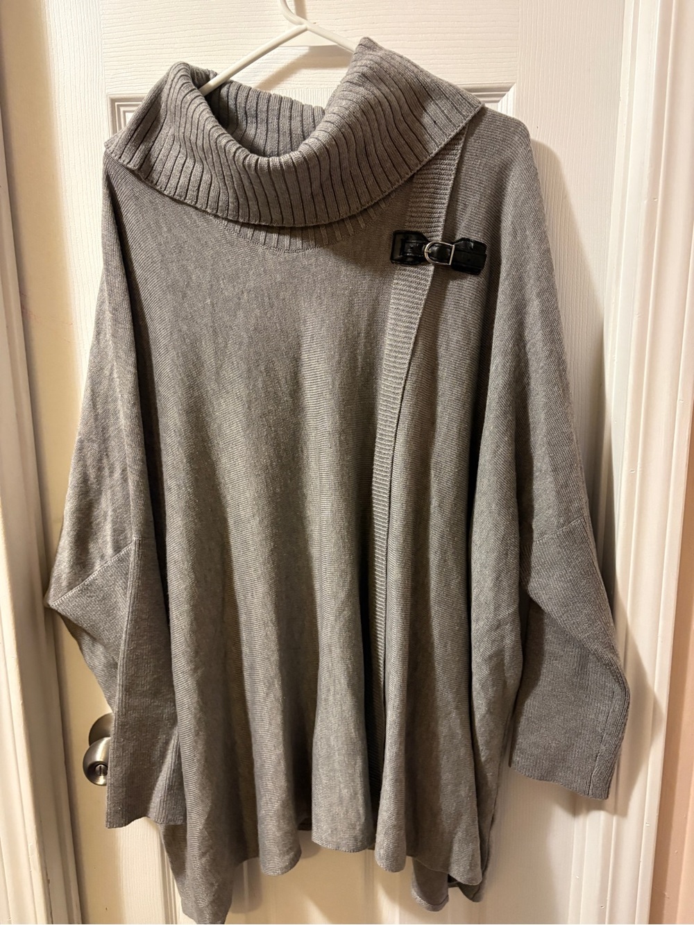 Calvin Klein Gray Cowl Neck Buckle Poncho Sweater